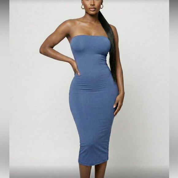 Strapless Bodycon Midi Dress in Mustard - Picture 10 of 15